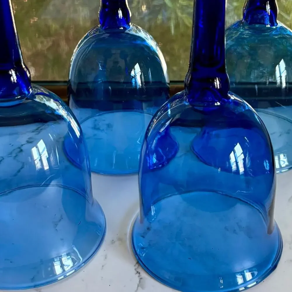 Vintage Mexican Blue Glass Goblets Set of 4 Tall Stemware